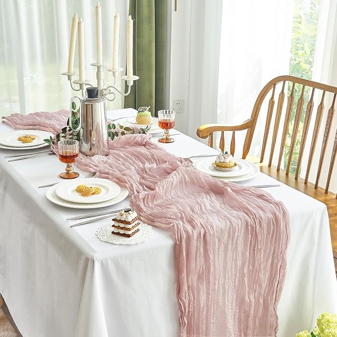 IVAPUPU 4 Pcs Cheesecloth Table Runner - 10ft Dusty Pink Easter Spring Boho Gauze Cheese Cloth Table Runners for Baby Shower Decoration Wedding Party Summer Garden Farmhouse Decor