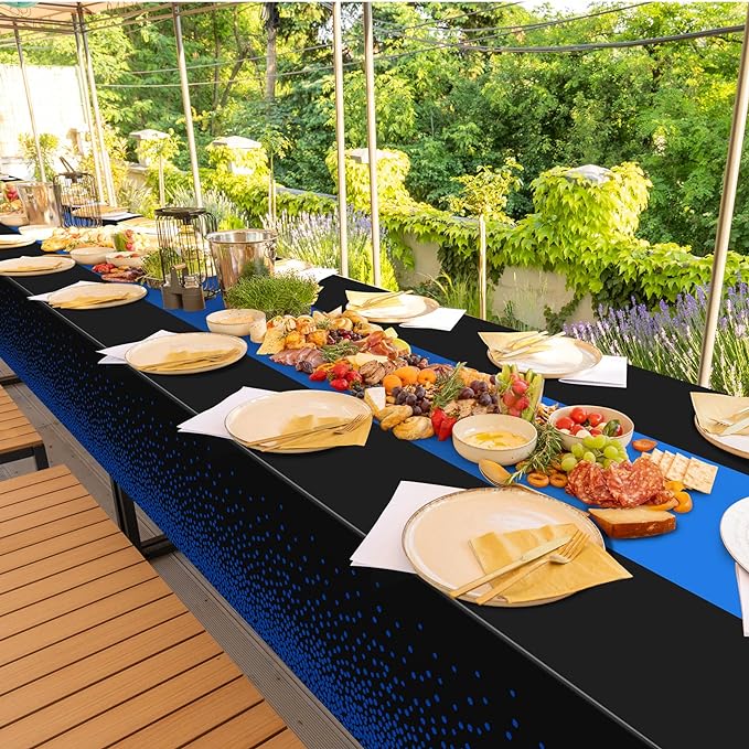 MASHAN 12Pcs Black and Blue Tablecloth Party Decorations,Plastic Black Table Cloth Printed Blue Runner Disposable Rectangle Table Cover for Birthday Wedding Anniversary Graduation Party,54 x108 Inch
