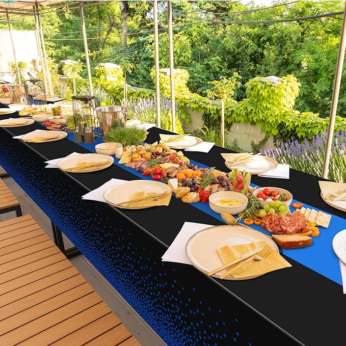 MASHAN 3Pcs Black and Blue Tablecloth Party Decorations,Plastic Black Table Cloth Printed Blue Table Runner Disposable Rectangle Cover for Birthday Wedding Anniversary Graduation Party,54 x108 Inch