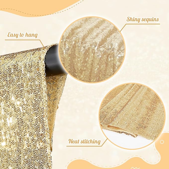 PartyDelight Light Gold Sequin Backdrop 6x8ft - High Density 3mm Shimmer Sequin Background with 4-Inch Rod Pocket, Sparkly Photography Curtain for Wedding, Birthday, TikTok & Live Decor
