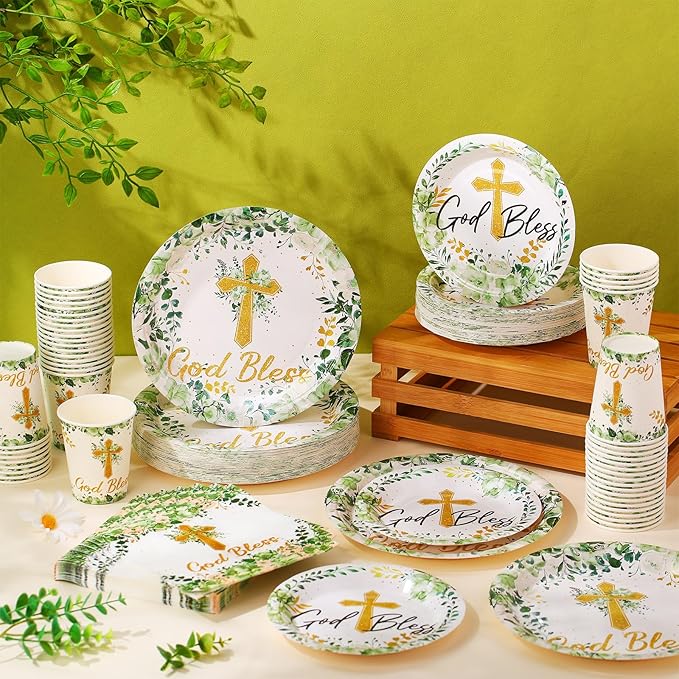 Pickmesh 250 Pcs Dinnerware Set Disposable Paper Plates Napkins and Cups Luncheon Dinner Tableware for Birthday Party Supplies Table(Sage Green,God Bless)