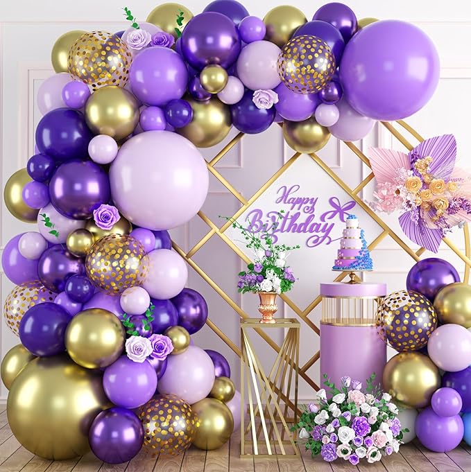 Purple and gold Balloon Arch Kit, 120PCS Purple and White Balloon Garland Pastal Purple White Gold Confetti Balloons for Girls Birthday Baby Shower Bridal Shower Graduation 2025 Party Decorations