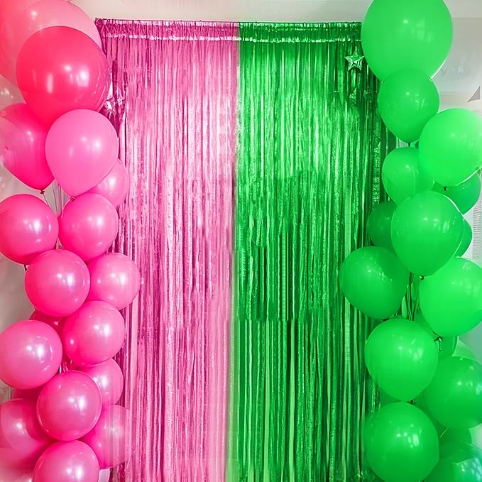 4 Packs Pink and Green Foil Fringe Curtain, Pink Green Metallic Tinsel Backdrop for Birthday, Baby Shower, Princess Bachelorette Party, Witch Party Decorations Supplies