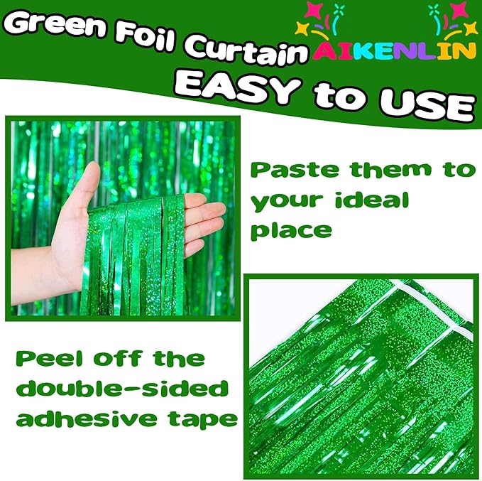 4 Pack 3.2Ft x 8.2Ft Green Foil Fringe Curtain Backdrop, Metallic Tinsel Foil Fringe Streamers Curtains Background for Photo Booth, Birthday, Wedding, Disco, Bachelorette, Christmas Party Decoration