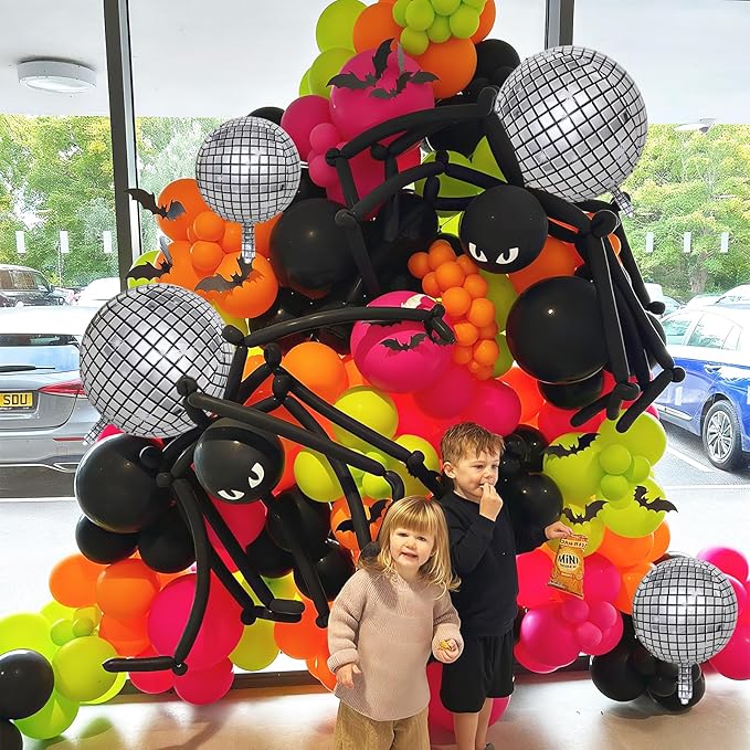 Halloween Balloon Arch Garland Kit, Neon Pink Green and Black White Party Balloons with Disco DIY Spider & 3D Spider Decor for Halloween Birthday Baby Shower Party Decorations