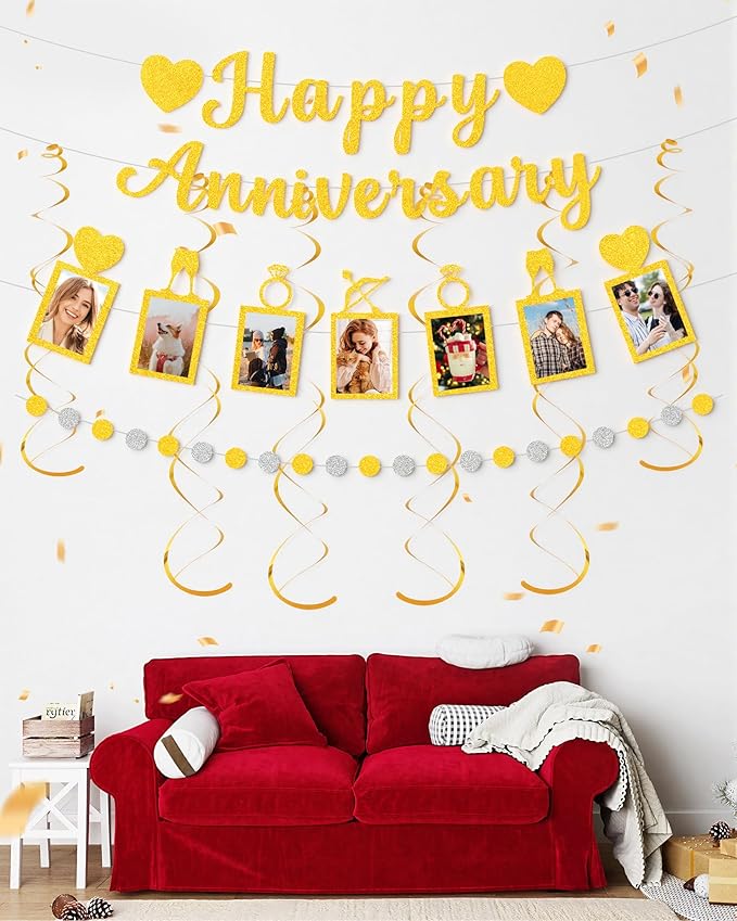 Happy Anniversary Party Decoration Set-Gold Glitter Banner,Photo Banner,Confetti Garland, Hanging Swirls-Elegant Wedding Anniversary Decor