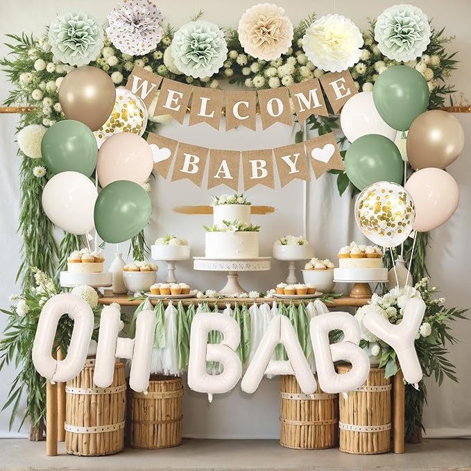 Ouddy Party Sage Green Baby Shower Decorations for Baby, Green Balloons with WELCOME BABY Banner Fringe Curtains Foil Balloons Paper Flower for Boho Baby Shower Birthday Gender Reveal Party Supplies