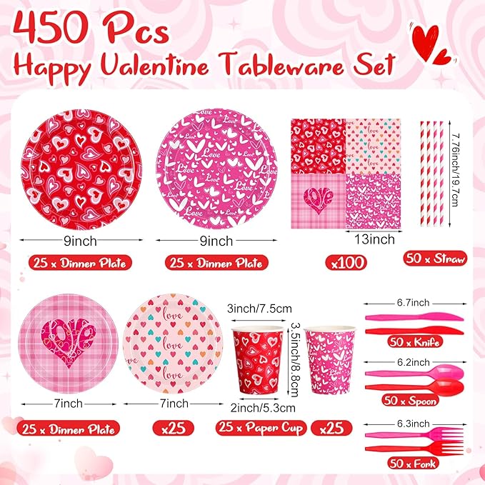 450 Pcs Heart Love Tableware Set Decorations Mother's Day Paper Plates Napkins Cups Cutlery Straws for Church Event Party Supplies, Serves 50