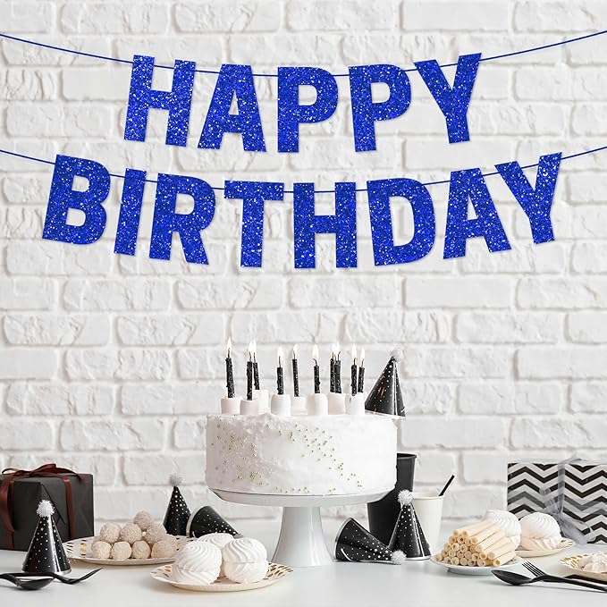 Pre-strung Happy Birthday Banner - No DIY - Blue Glitter Happy Birthday Party Banner for Men Woman Boys Girls - Pre-strung on 8 ft Strands - Blue Bday Party Decorations & Decor. Did We Mention No DIY