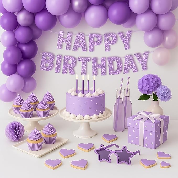 Pre-strung Happy Birthday Banner - No DIY - Purple Glitter Happy Birthday Party Banner for Girls & Women - Pre-strung on 8ft Strands - Light Pastel Purple Bday Party Decorations. Did We Mention No DIY