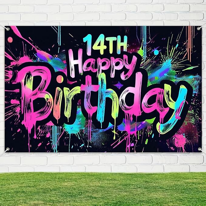 Glow in The Dark 14th Birthday Banner 71x43 Inch Colorful Paint Splatter Backdrop for Teen Boys Girls Fourteenth Party Decorations Neon Wall Decor Celebration Photo Booth Props Supplies