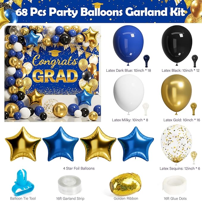 Ecomore 2026 Graduation Decorations - 245 PCS Grad Disposable Dinnerware(Serve 25) & Graduation Party Supplies With Congrats Paper Plate Cup Napkin Cutlery Tablecloth Backdrop Balloon Kit - Blue Gold