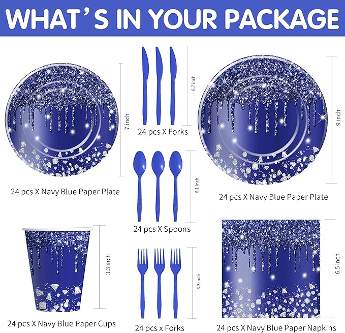 Navy Blue Plates And Napkins Party Supplies, Blue Glitter And Silver Party Decorations Tableware for Bridal Shower Birthday Baby Shower, Paper Plate, Napkin, Cup, Disposable Cutlery, Serves 24