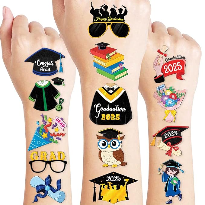 96 PCS Happy Graduation Grad Congrats Pre-Cut Temporary Tattoos for Kids | Super Cute Themed Birthday Party Favors, Supplies, Decorations, Fake Tattoo Stickers (Multiple)