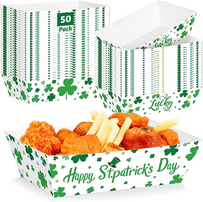 50 Pcs St. Patricks Day Decorations, Paper St. Patricks Day Food Trays, Disposable Shamrock Platters Green Snack Serving Trays, St Patrick's Party Supplies Irish Decor for Irish Bar Family Gatherings