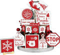15 Pcs Christmas Tiered Tray Decor Rustic Christmas Decorations Candy Hot Cocoa Snowflake Wood Sign Xmas Tiered Tray Winter Farmhouse Rustic Table Decor for New Year Home Shelf Tabletop