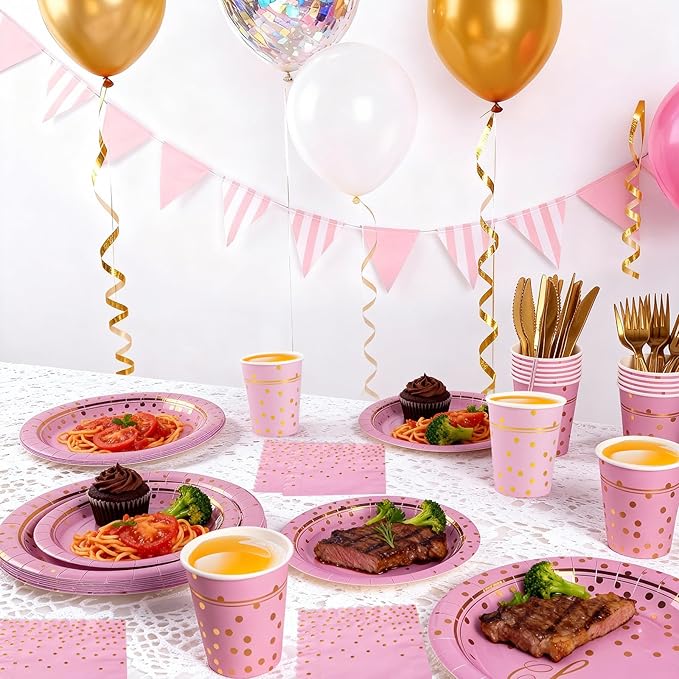 OuMuaMua Disposable Pink Paper Plates Party Supplies for 24 Guests, 168 Pcs Party Plates, Cups and Napkins with Utensils Set for Girls Birthday Baby Shower Princess Party Decor