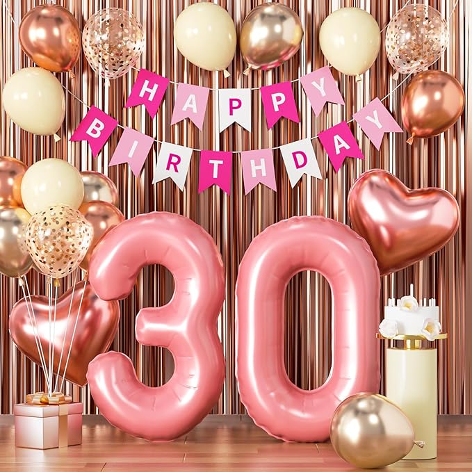 30th Birthday Decorations for Women, Rose Gold and Black Party Supplies Set with Happy 30th Banner, Number 30 Balloon and Foil Fringe Curtains, 30 Year Old Kit
