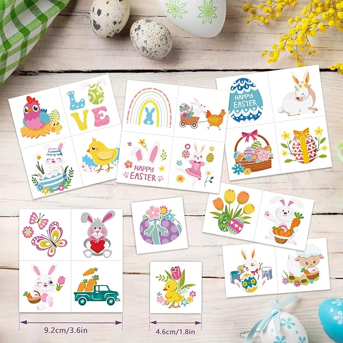 Konsait 96Pcs Easter Tattoos for Kids, Colorful Easter Tattoos Stickers Easter Temporary Tattoos, Easter Egg Fillers, Easter Basket Fillers Easter Party Favors Accessories, 48 Designs