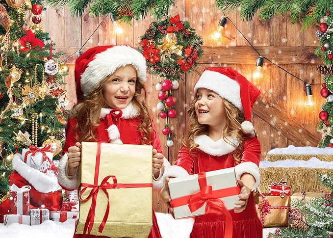 CYLYH 12x10FT Christmas Barn Wood Door Photography Backdrop Xmas Tree Snow Gift Wall Floor Party Photo Background for Holiday New Year Party Banner Family Holiday Party Supplies D554