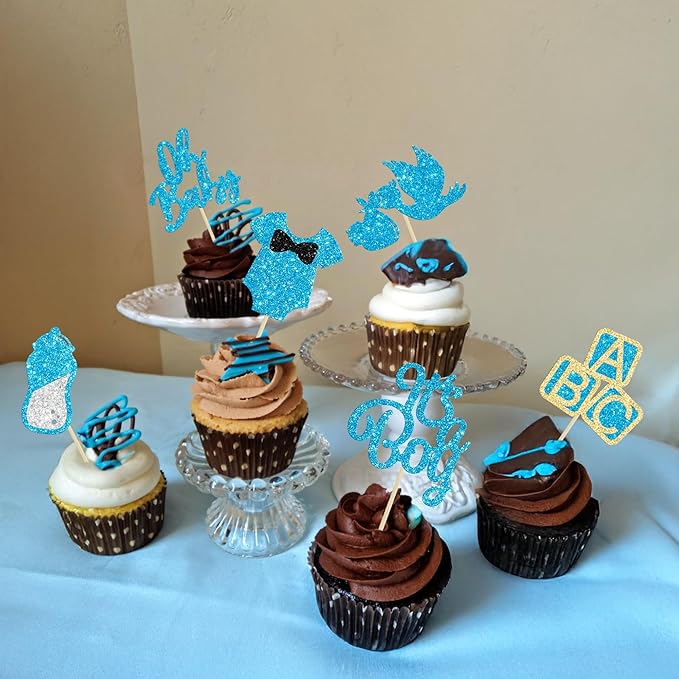 24Pcs Oh Baby Cupcake Toppers Blue Glitter It's a Boy Cupake Toppers with Swan Onesie Bottle Baby Shower Gender Reveal Cupcake Picks Decorations for Kids Boys Birthday Party Cake Decorations Supplies