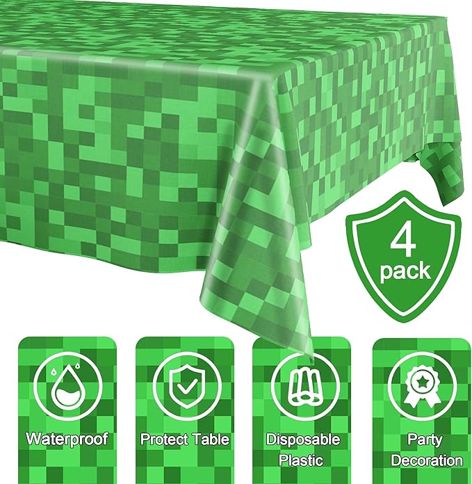 Pixel Miner Tablecloth 4 Packs, Green Plastic Table Cover Disposable Birthday Party Decoration, 54" x 108" Waterproof Tablecloths for Pixel Mining Gaming Themed Birthday Party Decoration Supplies
