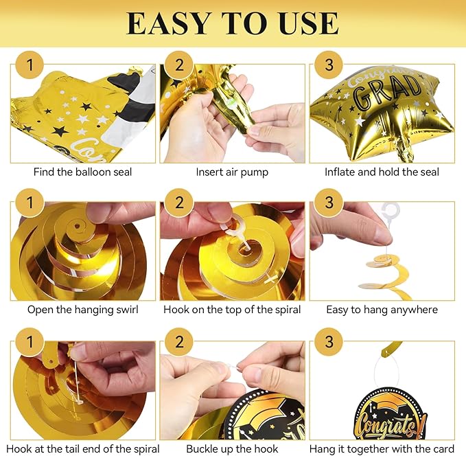 Graduation Decorations 2026,We Are So Proud of You Banner, Black and Gold Confetti Balloon,Foil Balloons, Hanging Congrats Grad Swirls for High School,College Graduation Party Supplies