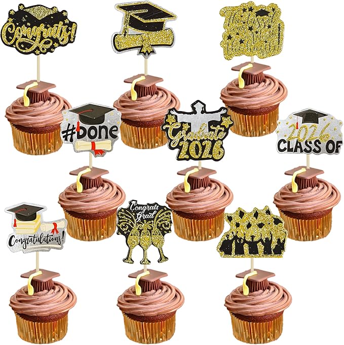 Gyufise 36Pcs 2026 Graduation Cupcake Toppers Glitter Class of 2026 Diploma Graduation Cap Cupcake Picks Class of 2026 Cake Decorations for 2026 Grad Theme Party Supplies