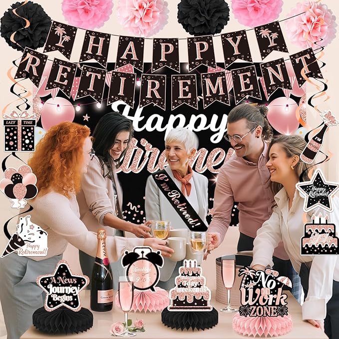 22Pcs Rose Gold Retirement Party Decorations for Women, Happy Retirement Banner, Poster, Sash, Balloons, Honeycomb Centerpieces - Retirement Party Supplies for Farewell Goodbye Party