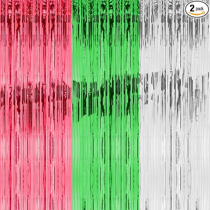 2 Pack 3ft x 8ft Foil Fringe Backdrop Curtain, Metallic Tinsel Foil Fringe Curtains, Party Streamers Backdrop, Baby Shower Birthday Holiday Celebration,Party Decorations (MixGreen)