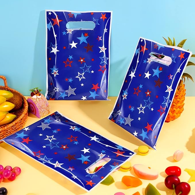 MASHAN 50 Pieces 4th of July Goodie Bags Bulk, Patriotic Gift Bags,Plastic Treat Gift Handles Bag with Red White Blue Star for Independence Day Memorial Day Veterans Day Decorations Party Supplies