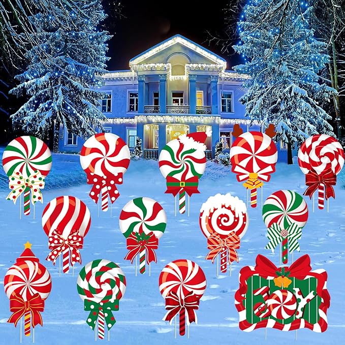 JOICEE Christmas Outdoor Yard Signs Candy Decorations, Peppermint Lollipop Candy Signs with Stakes for Holiday Party Home Lawn Pathway Decorations Supplies