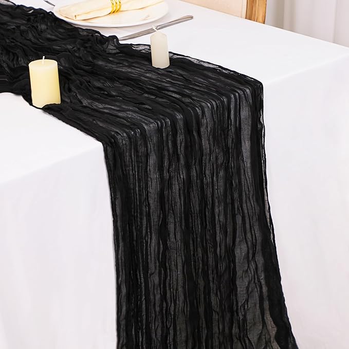 Snowkingdom 10 Ft Black Cheesecloth Table Runner, 120 inch Long Cheese Cloth Boho Gauze Runner for Wedding Bridal Baby Shower Birthday Holiday Party Sheer Halloween Table Decorations