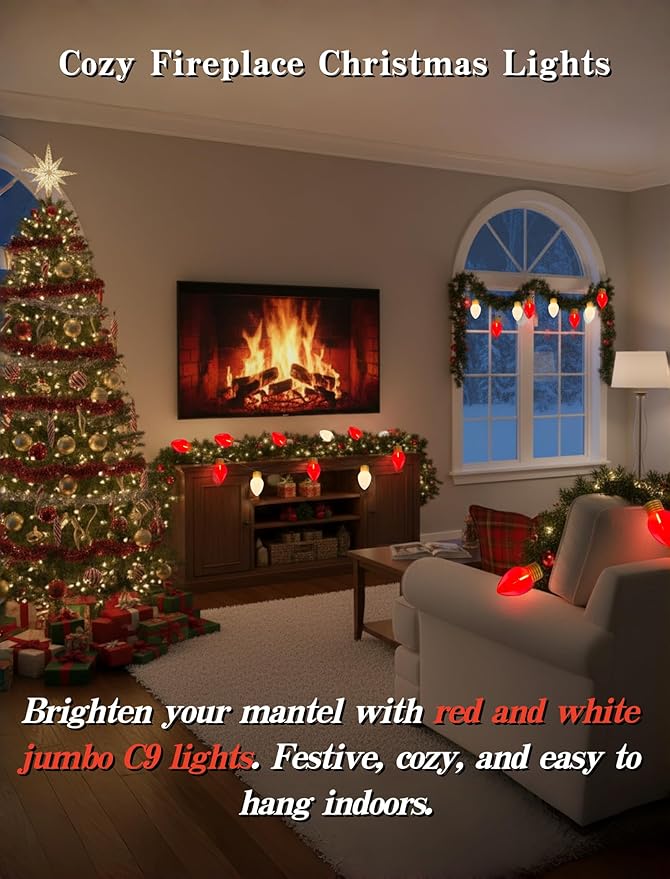16FT Jumbo Red and White Christmas Lights Outdoor with 10 LED Red and White Bulbs,Jumbo Giant Christmas String Lights for Tree Holiday Home Roof Yard Garden Decorations