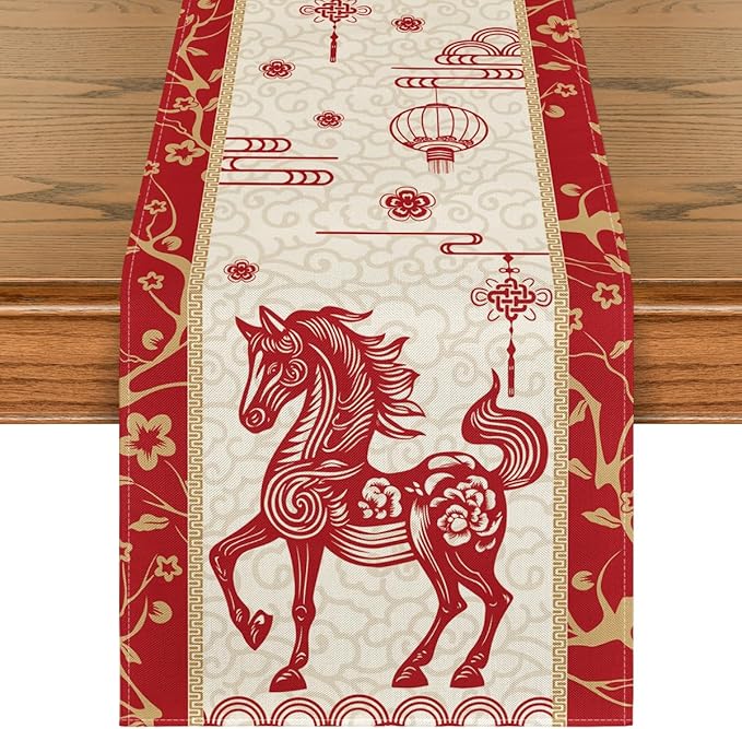 Artoid Mode Paper Cutting Style Chinese Zodiac Horse Happy 2026 Lunar New Year Table Runner, Spring Festival Winter Kitchen Dining Table Decoration for Home Party 13x120 Inch
