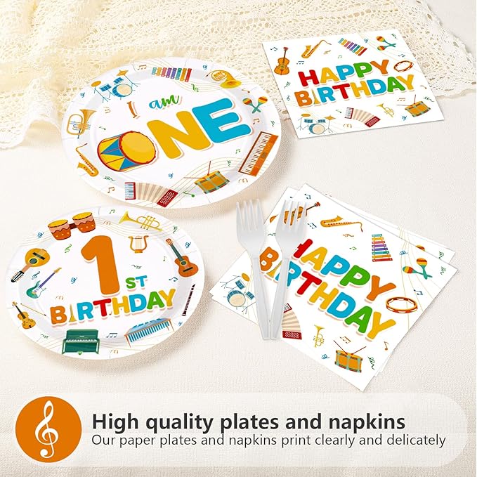 96Pcs Music First Birthday Decorations Plates Musical Instrument Theme Plates and Napkins Music Notes Tableware Set for Musical Birthday Party Music Theme Baby Shower Supplies, Serves 24