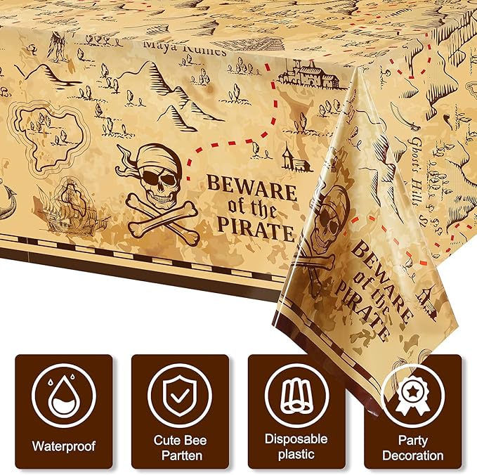 Irenare 6 Pieces Pirate Tablecloth for Party Decor - 54 x 108 Inches Pirate Treasure Map Tablecover Plastic Island Treasure Table Covers Navigation Supplies for Birthday Party Decoration