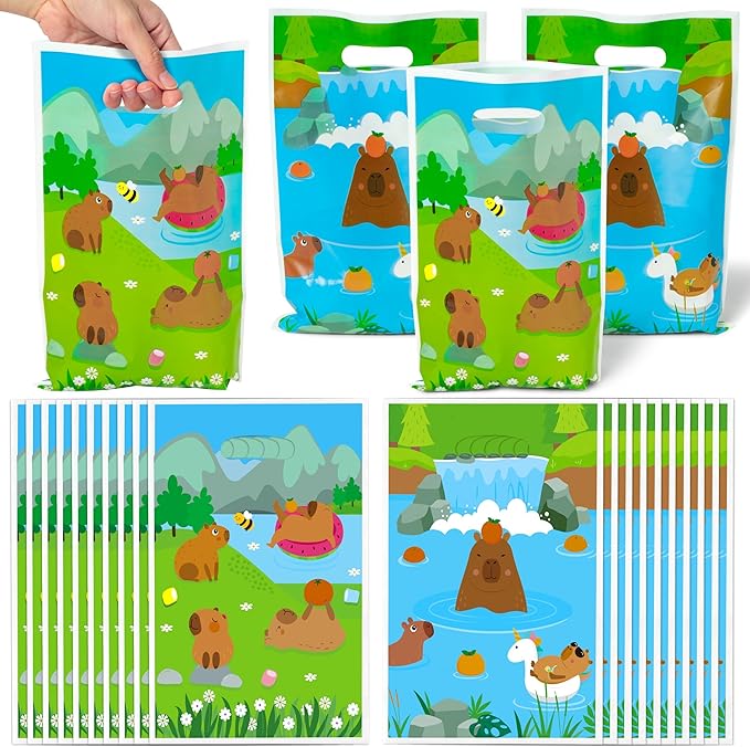 Capy Party Favor Bags - 50Pcs Capy Patterns Goody Candy Treat Gifts Bags, Cute Animals Themed Party Favors Supplies Decorations for Kids Boys Girls Birthday Baby Shower Animals Events