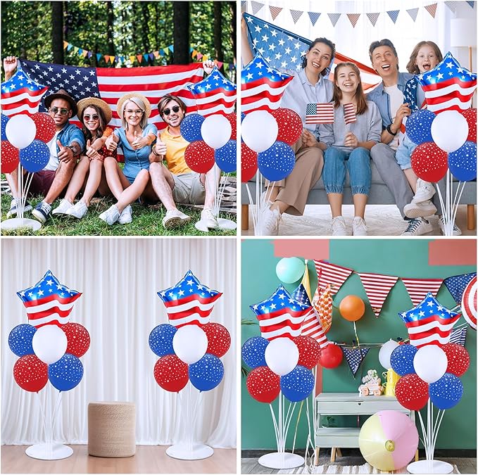 4th of July Balloons Stand Kit 2 Sets with 2 America Flag Star Foil Balloon Patriotic Red White and Blue Party Balloon Centerpiece for Tables for Memorial Day Party Independence Day Themed Decorations