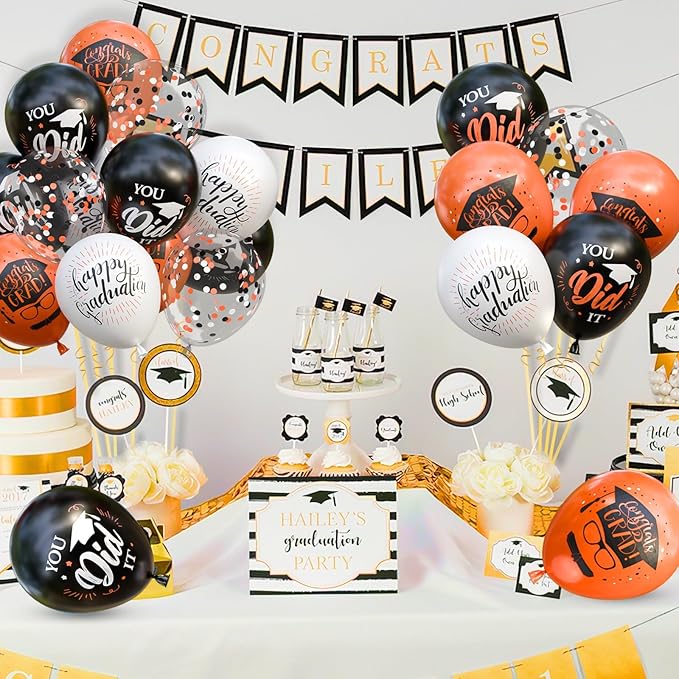 OuMuaMua 75 Pack Graduation Party Decorations Balloons Set - 12" Black White Orange Graduation Balloons Black Orange White Confetti Latex Baloons for Class of 2026 Grad Birthday Party Decor Supplies