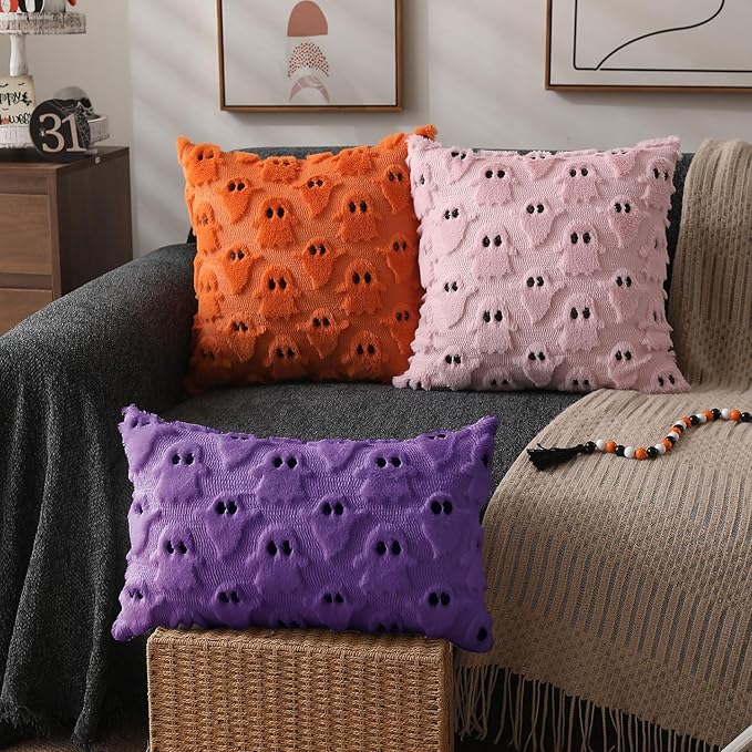 DFXSZ Halloween Pillow Covers 12x20 inch Set of 2 Purple Ghost Throw Pillow Cases Soft Plush Faux Fur Wool Couch Cushion Case for Chair Sofa Bedroom Living Room Home Decor PTK03E12