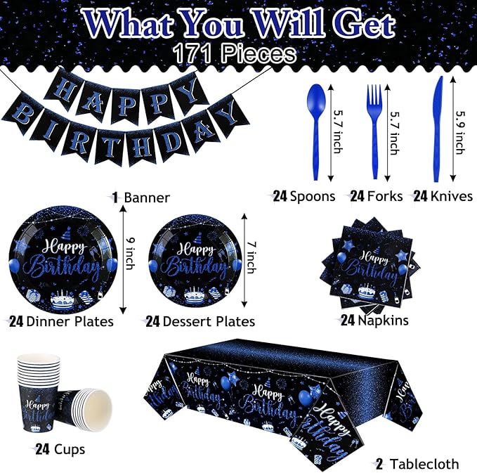 Vesici 171 Pcs Happy Birthday Party Supplies 24 Set Disposable Party Tableware include Plates Cups Napkins Cutlery and Banner Tablecloth Birthday Dinner Decorations for Men Woman(Black, Blue)