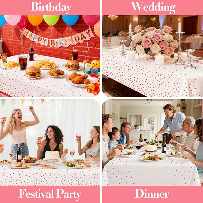 4 Pack Plastic Tablecloths for Rectangle Tables, Waterproof Disposable Party Table Cloths with Rose Gold Dot, Table Covers for Decorations, Baby Shower, Birthday, Valentines Day Mothers