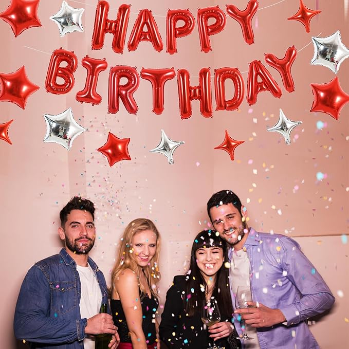 TONIFUL 35PCS Red Happy Birthday Decorations Kit 16 Inch Happy Birthday Balloon Banner with Star Balloons Mylar Foil Birthday Party Decorations Supplies for Men Women Adults Girls Boys Kids