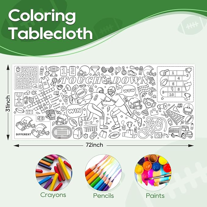 Coloring Tablecloth for Kids, 31 x 72 Inch Touchdown Theme Paper Coloring Poster Sports Party Games, Giant Coloring Activity Table Cover Decor, DIY Family Activities Drawing Tablecloth