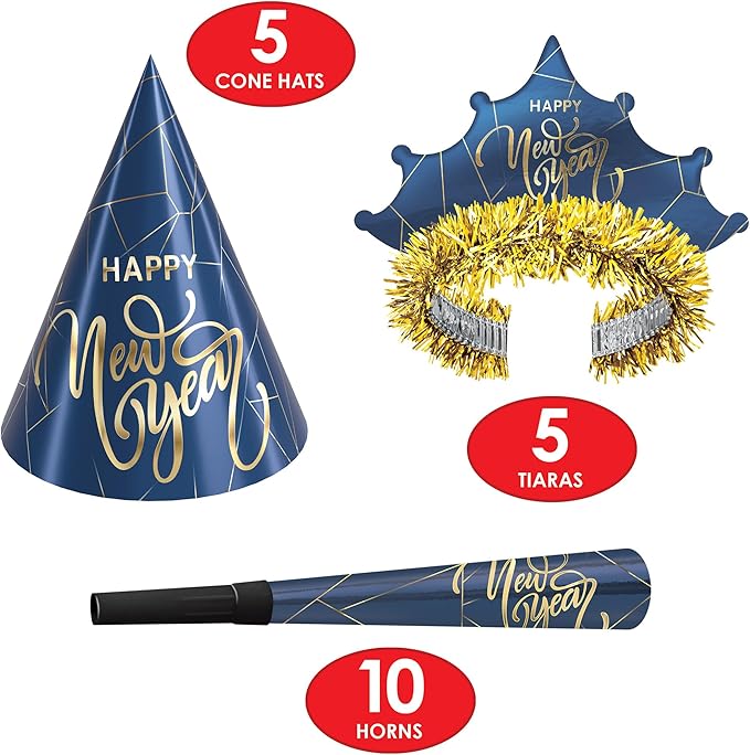 Beistle Midnight Blue New Year Party Kit for 10 – Celebration Set of NYE Accessories, Cone Hats, Fringed Tiaras & Foil Horns, Elegant Metallic Navy & Gold New Year’s Eve Countdown Headwear Supplies