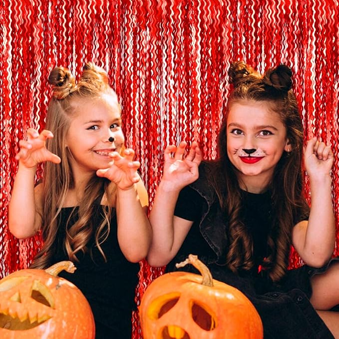 4 Pack Red Wave Foil Fringe Curtain Backdrop, 3.28Ft x 8.2Ft Metallic Tinsel Foil Fringe Streamer Curtains for Photo Booth, Mother's Day, Easter, Birthday, Wedding Party Decoration
