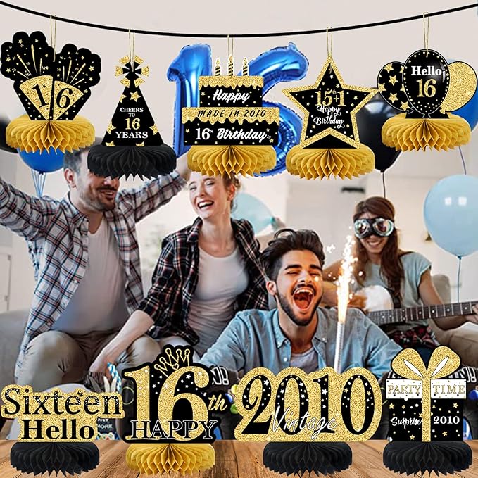 9Pcs Black Gold 16th Birthday Decorations Honeycomb Centerpieces for Boys Girls,Happy 16th Birthday Centerpieces Tables Toppers Party Decorations Supplies 16th Table Sign Decor
