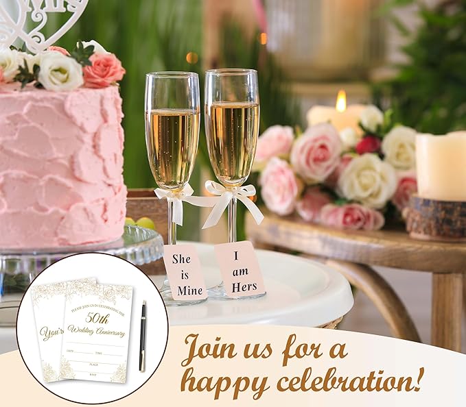 50th Wedding Anniversary Invitations, Gold Rose Invites Cards For Couple, Happy 50th Anniversary Party Celebration Favors Supplies, 25pcs Banquet Party Fill In Invitation Cards With Envelopes -02