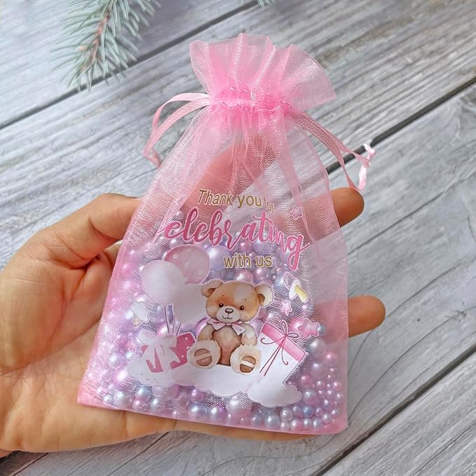 LXKBD 50PCS Organza Bags for Baby Shower Party Favor,4x6 Inch Small Pink Sheer Drawstring Mesh Pouch Treat Bags for Girl Birthday Gift Bag